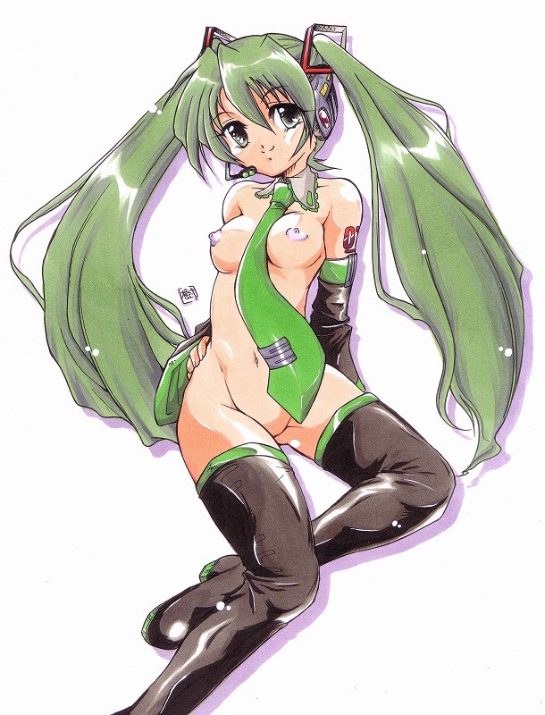 honoo teruki, hatsune miku, vocaloid, traditional media, 1girl, between breasts, breasts, detached sleeves, female focus, green eyes, green hair, headset, long hair, matching hair/eyes, medium breasts, naked necktie, necktie, necktie between breasts, nipples, no pussy, nude, solo, thighhighs, twintails