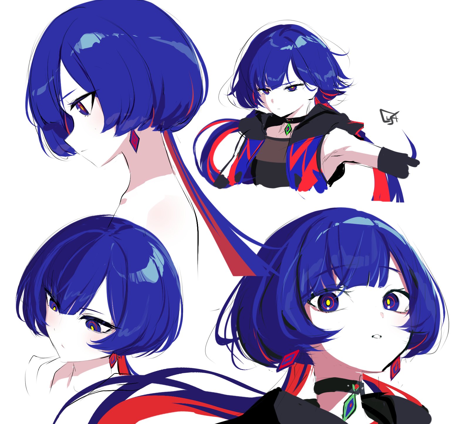 notcy4n, rim (kamitsubaki studio), kamitsubaki studio, highres, 1girl, armpits, black choker, black shirt, blue eyes, blue hair, blue jacket, choker, closed mouth, cropped shoulders, diamond earrings, earrings, frown, hand up, hood, hood down, hooded jacket, jacket, jewelry, long hair, looking at viewer, multicolored hair, multiple views, parted lips, red hair, shirt, simple background, sleeveless, sleeveless jacket, streaked hair, two-tone hair, virtual youtuber, white background, yellow pupils