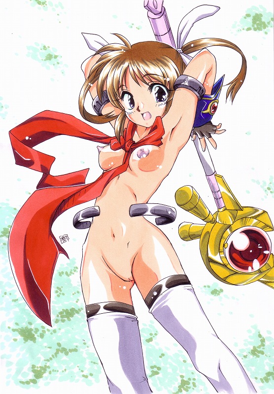 honoo teruki, raising heart, takamachi nanoha, lyrical nanoha, mahou shoujo lyrical nanoha, mahou shoujo lyrical nanoha a's, 00s, 1girl, armpits, arms up, breasts, brown hair, female focus, gloves, nipples, nude, pussy, solo, staff, thighhighs, uncensored, wand