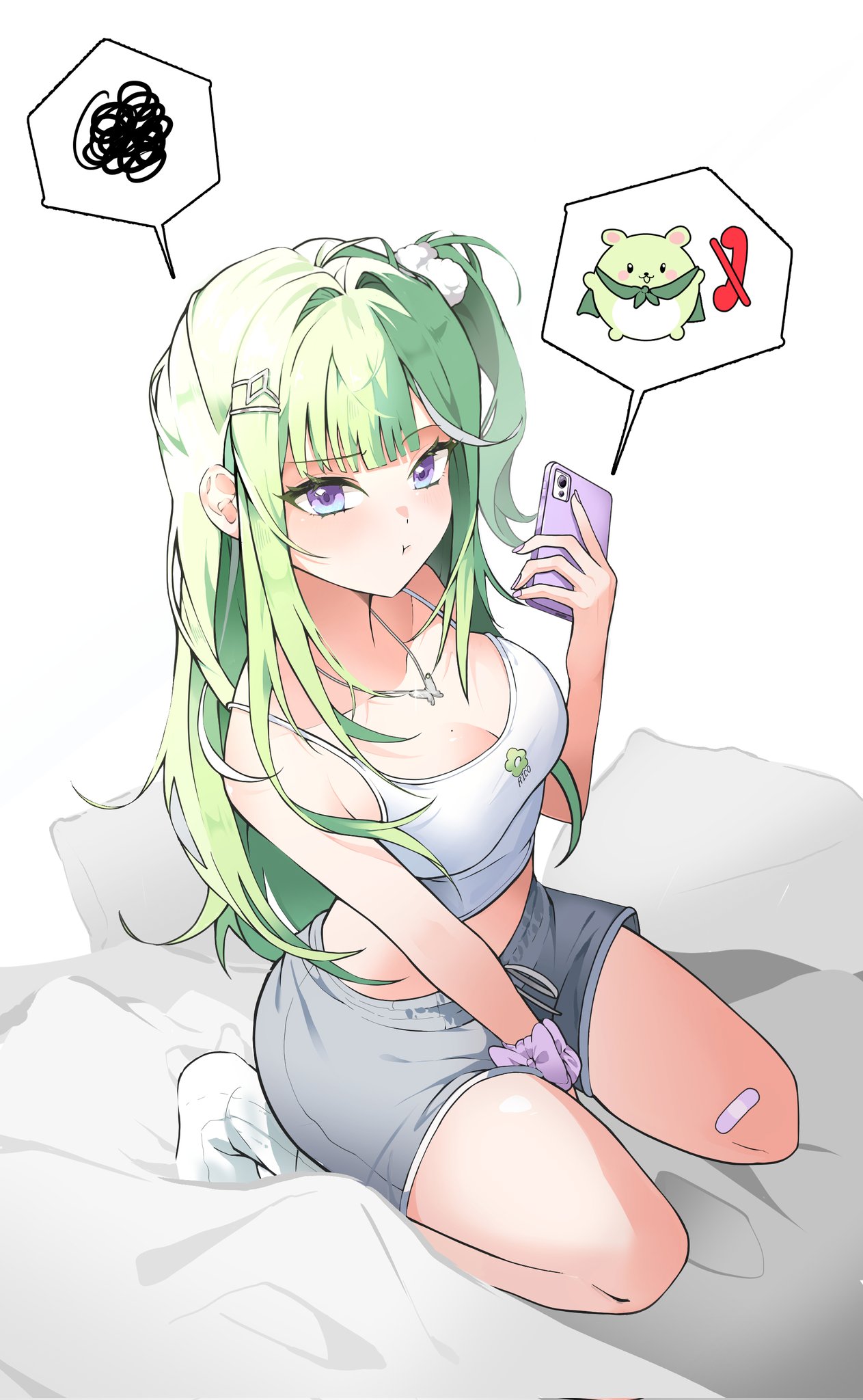 chico (yuzuha riko), yuzuha riko, stellive, commentary request, highres, korean commentary, 1girl, :t, between legs, bow, breasts, butterfly necklace, camisole, cellphone, character name, cleavage, crop top, diamond hair ornament, from above, full body, grey shorts, hair intakes, hair ornament, hairpin, hand between legs, hand up, holding, holding phone, ilgu, large breasts, looking at viewer, looking up, mole, mole on breast, multicolored hair, nail polish, no shoes, one side up, phone, pom pom (clothes), pom pom hair ornament, pout, print camisole, purple bow, purple eyes, purple nails, seiza, shorts, simple background, sitting, smartphone, socks, solo, speech bubble, spoken character, spoken squiggle, squiggle, streaked hair, virtual youtuber, white background, white camisole, white socks, white streaks, wispy bangs, wrist bow