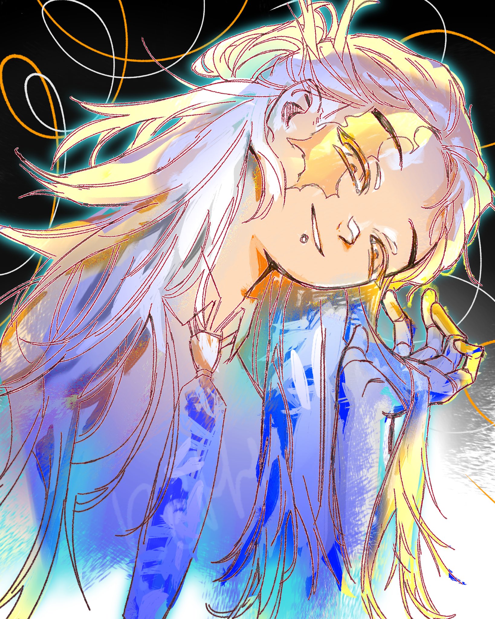 tamsy caines, gachiakuta, highres, 1boy, blonde hair, blue necktie, collared shirt, face piercing, half updo, hand up, head tilt, lip piercing, long hair, necktie, niripeerri, open mouth, piercing, scar, scar across eye, scar on face, shirt, smile, solo, upper body, very long hair, white shirt, yellow eyes
