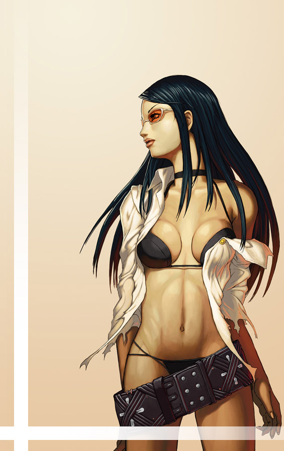nekkeau, original, 1girl, belt, belt skirt, bikini, black bikini, black hair, choker, female focus, glasses, long hair, midriff, open clothes, open shirt, shirt, solo, standing, swimsuit, torn clothes
