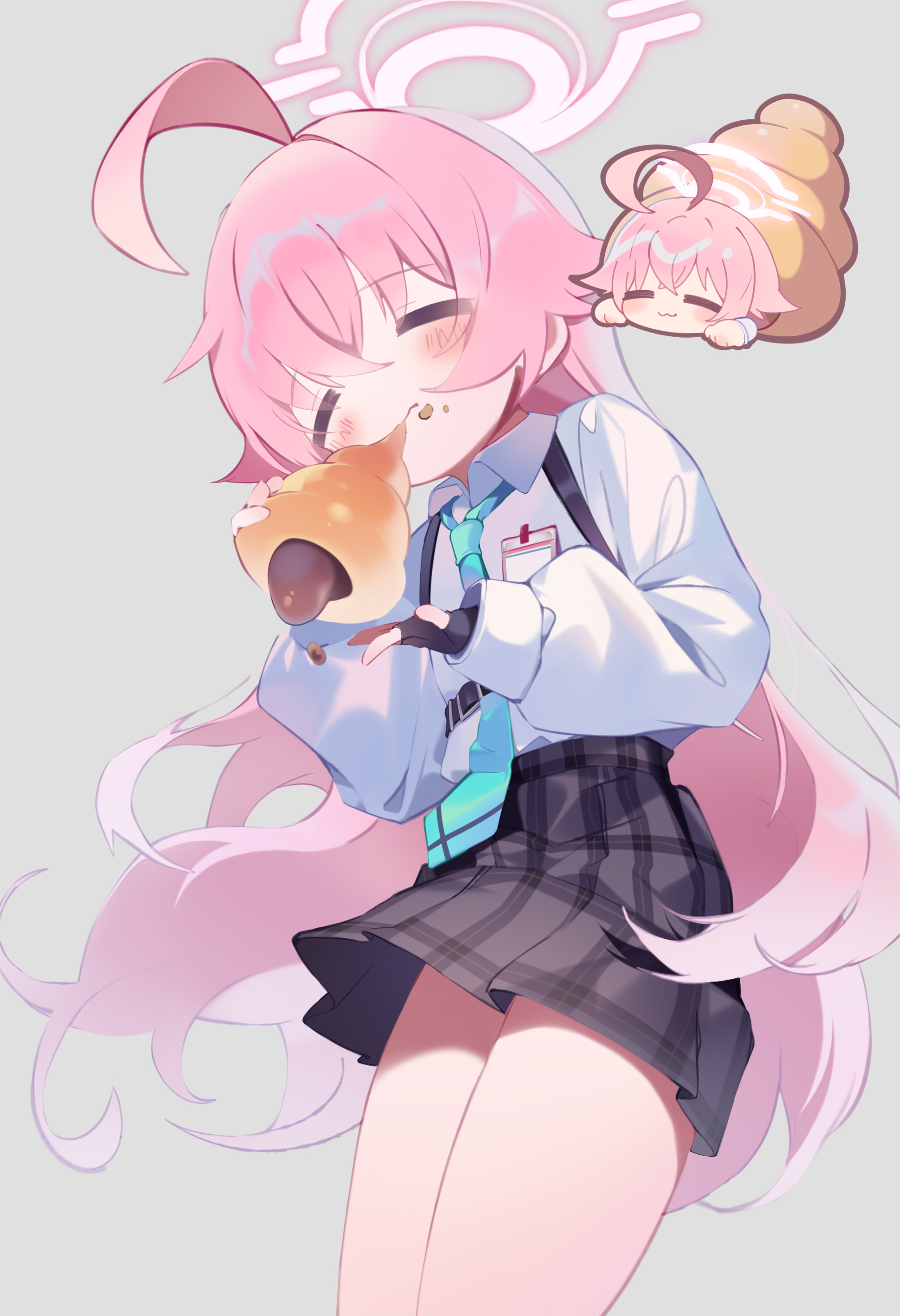 teoskyrios, hoshino (blue archive), blue archive, absurdres, highres, 1girl, ahoge, blue necktie, chibi, closed eyes, collared shirt, eating, fingerless gloves, food, gloves, grey background, halo, holding, holding food, long hair, long sleeves, necktie, pink hair, plaid clothes, plaid skirt, shirt, simple background, skirt, white shirt