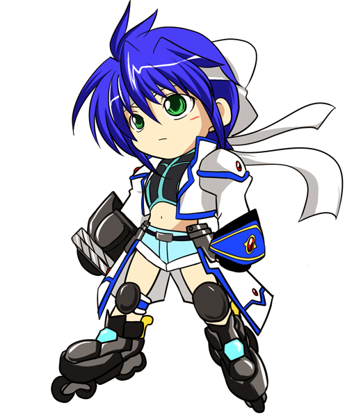 hagane soushi, mach caliber, revolver knuckle, subaru nakajima, lyrical nanoha, mahou shoujo lyrical nanoha, mahou shoujo lyrical nanoha strikers, 00s, 1girl, bandana, blue hair, chibi, female focus, green eyes, inline skates, midriff, roller skates, short hair, shorts, skates, solo