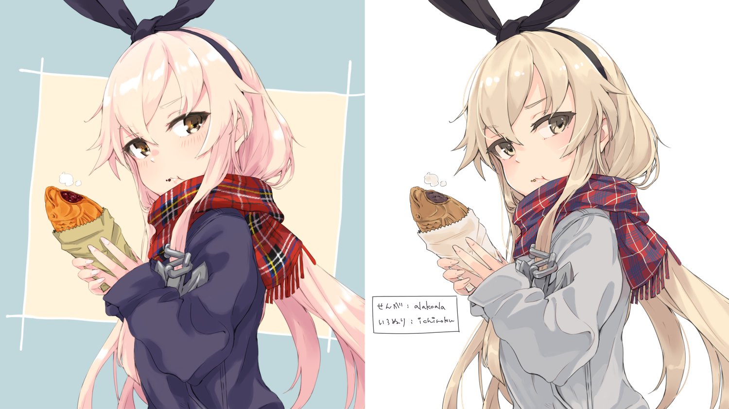 alakoala, ichiroku (sakumogu-029), shimakaze (kancolle), kantai collection, artist collaboration, commentary request, 1girl, alternate costume, anchor hair ornament, black hairband, blonde hair, blue jacket, brown eyes, eating, food, food on face, grey jacket, hair ornament, hairband, jacket, long hair, looking at viewer, plaid clothes, plaid scarf, scarf, simple background, solo, taiyaki, upper body, wagashi, white background