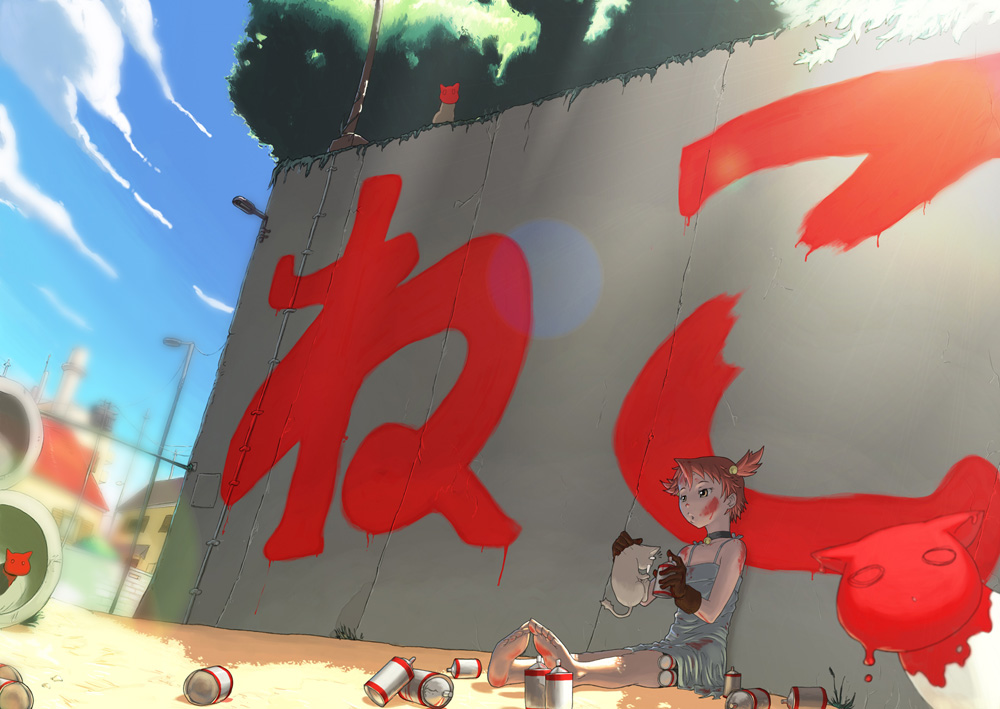 nekkeau, original, translated, aerosol, animal abuse, barefoot, cat, cloud, collar, day, dress, feet, gloves, outdoors, paint, ponytail, red hair, short hair, side ponytail, sitting, sky, solo, spray paint, sundress, yellow eyes