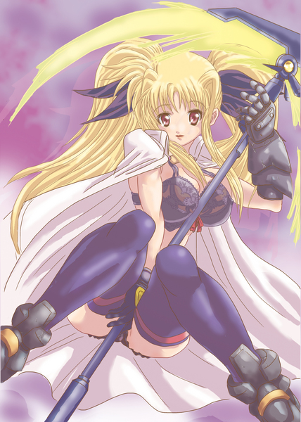 kamezero, bardiche (nanoha), fate testarossa, lyrical nanoha, mahou shoujo lyrical nanoha, mahou shoujo lyrical nanoha strikers, image sample, pixiv sample, resized, 00s, blonde hair, bra, cape, energy blade, lingerie, long hair, red eyes, scythe, thighhighs, twintails, underwear