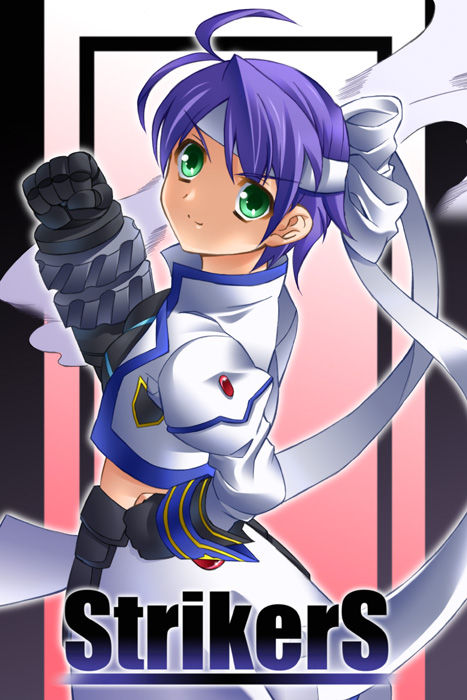 ibuki mana, revolver knuckle, subaru nakajima, lyrical nanoha, mahou shoujo lyrical nanoha, mahou shoujo lyrical nanoha strikers, 00s, gauntlets, green eyes, headband, midriff, purple hair, short hair, solo