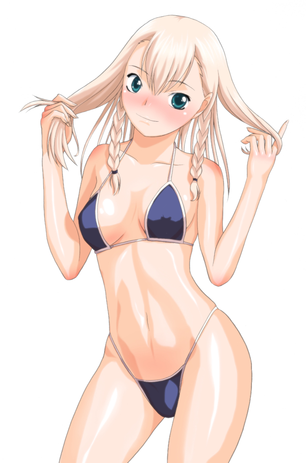 yuuki1103, original, 1girl, bikini, black bikini, blonde hair, blue eyes, blush, braid, female focus, hair over shoulder, solo, swimsuit, twin braids