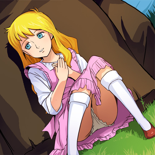 haruyama kazunori, emily (kyoufu densetsu kaiki! frankenstein), kyoufu densetsu kaiki! frankenstein, lowres, 1girl, blonde hair, blue eyes, dress, dutch angle, female focus, frills, grass, kneehighs, lace, lace-trimmed panties, lace trim, long hair, outdoors, panties, pantyshot, shoes, sitting, smile, socks, solo, underwear, upskirt, white panties