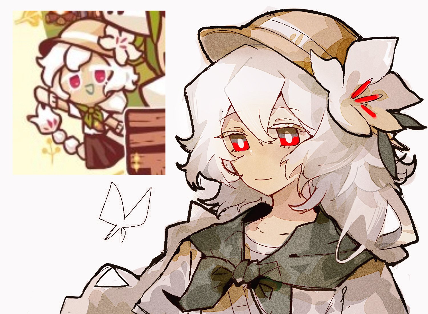 aislan, white lily cookie, cookie run, cookie run: kingdom, 1girl, black skirt, braid, brown hat, closed mouth, flower, gloves, green neckerchief, hair flower, hair ornament, hat, long hair, looking at viewer, neckerchief, official alternate costume, shirt, simple background, skirt, smile, solo, very long hair, white background, white flower, white gloves, white hair, white shirt