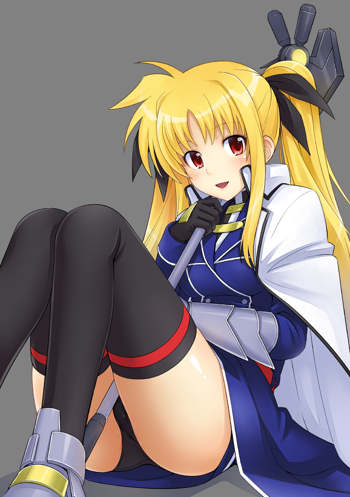 ha-ru, bardiche (assault form) (nanoha), bardiche (nanoha), fate testarossa, fate testarossa (impulse form), lyrical nanoha, mahou shoujo lyrical nanoha, mahou shoujo lyrical nanoha strikers, bad id, bad pixiv id, 00s, 1girl, blonde hair, female focus, gloves, long hair, panties, ponytail, red eyes, solo, thighhighs, twintails, underwear