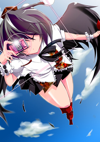 aoro, shameimaru aya, touhou, 1girl, black hair, black wings, camera, female focus, flying, geta, hat, short hair, skirt, solo, tengu-geta, wings