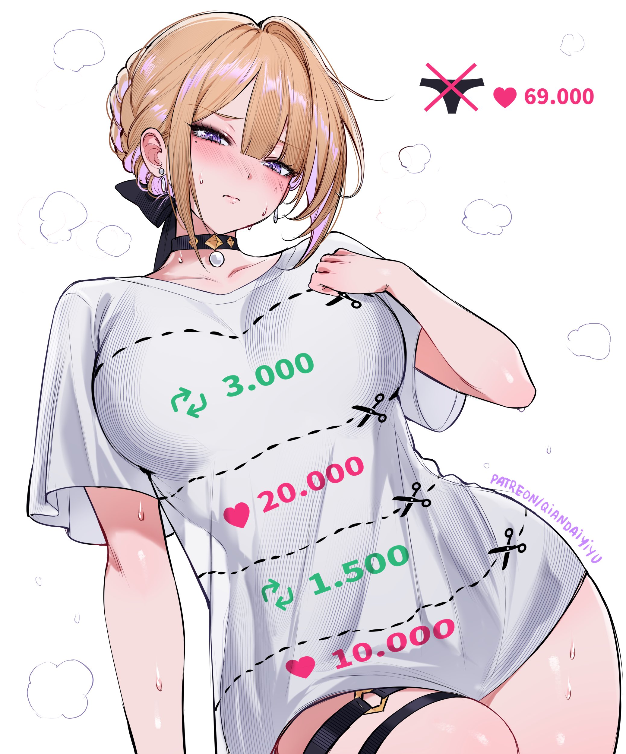 qiandaiyiyu, evelyn chevalier, zenless zone zero, absurdres, highres, 1girl, black choker, blonde hair, blush, breasts, choker, closed mouth, earrings, embarrassed, hand up, jewelry, large breasts, looking at viewer, mole, mole under eye, purple eyes, shirt, short sleeves, simple background, solo, sweat, thigh strap, twitter strip game, white background, white shirt