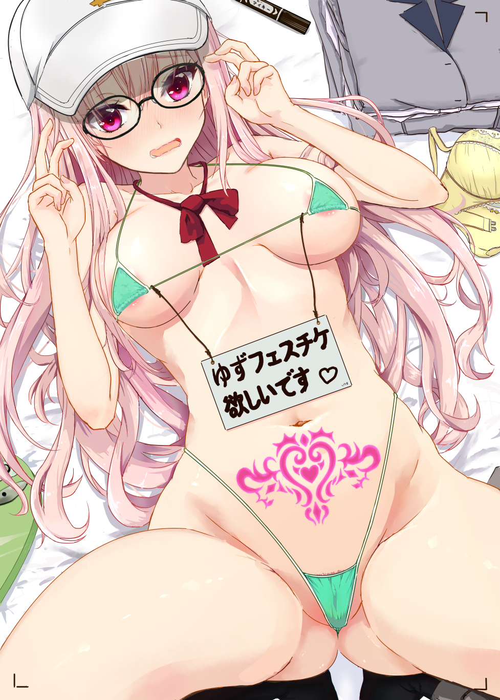karukan (karukann), commentary request, highres, translation request, variant set, 1girl, alternate costume, areola slip, bare shoulders, bed sheet, bent v, bikini, black-framed eyewear, black socks, blush, bow, bowtie, bra, breasts, breasts apart, cameltoe, curvy, double v, dutch angle, embarrassed, eyelashes, eyes visible through hair, female pubic hair, furrowed brow, glasses, gluteal fold, green bikini, groin, hair between eyes, hair ornament, hair spread out, hairclip, halterneck, hands up, harumi ena, hat, heart, highleg, highleg bikini, jacket, knees out of frame, large breasts, limelight lemonade jam, long hair, looking at viewer, lower teeth only, lying, micro bikini, navel, nose blush, on back, open mouth, parallel hairclips, peaked cap, pink eyes, pink hair, pubic hair, pubic tattoo, red bow, red bowtie, round eyewear, sign, socks, solo, spread legs, stomach, swimsuit, tattoo, teeth, thighs, underwear, unworn bra, unworn jacket, v, very long hair, viewfinder, wavy mouth, white hat