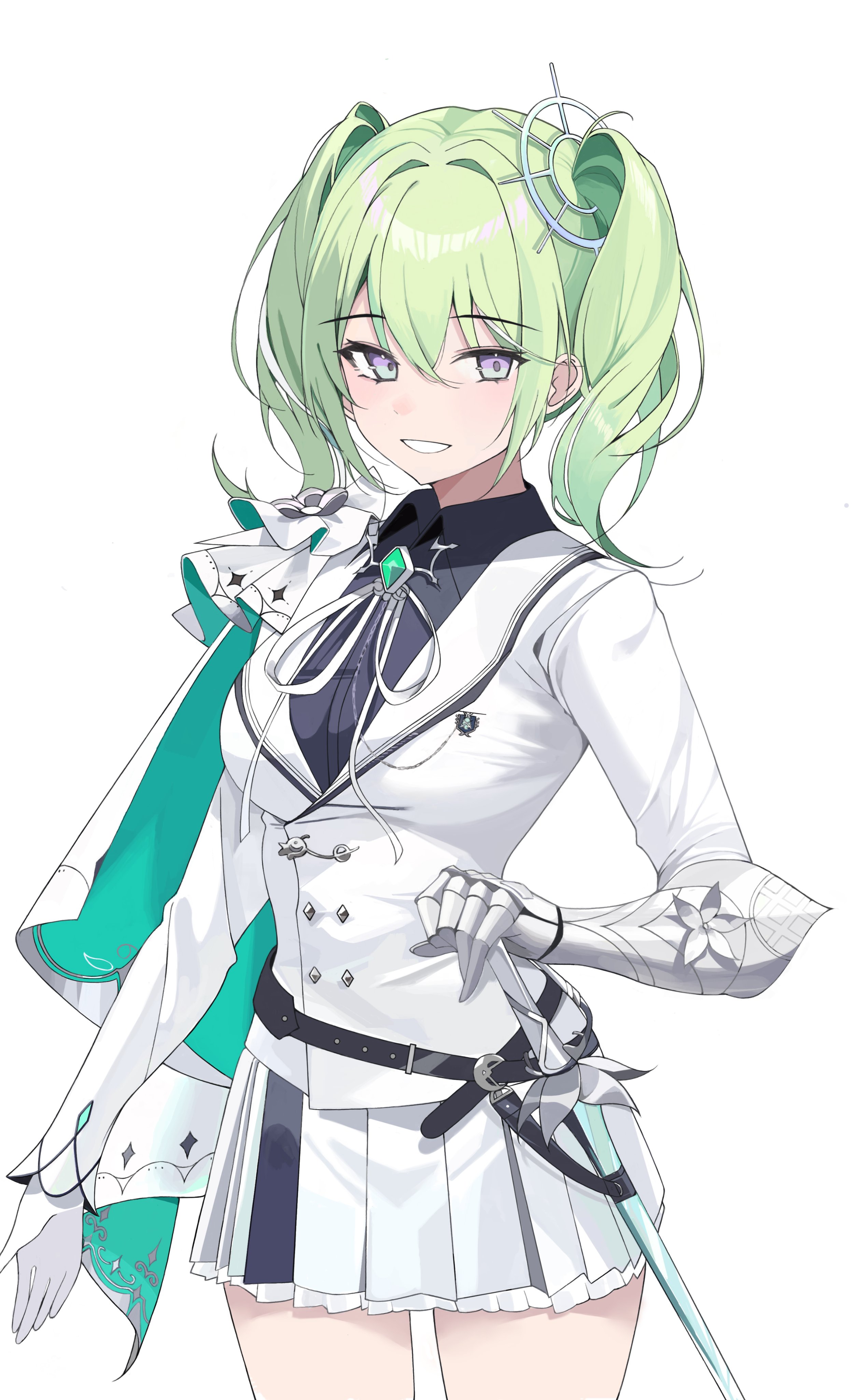 tptkdtkakftp, yuzuha riko, stellive, absurdres, commentary, highres, symbol-only commentary, 1girl, belt, black belt, black shirt, breasts, cape, collared shirt, cowboy shot, gauntlets, gloves, green hair, grin, hair between eyes, hair intakes, jacket, large breasts, long bangs, long sleeves, medium hair, miniskirt, neck ribbon, pleated skirt, purple eyes, ribbon, shirt, simple background, single glove, skirt, smile, solo, standing, sword, twintails, virtual youtuber, weapon, white background, white cape, white gloves, white jacket, white ribbon, white skirt