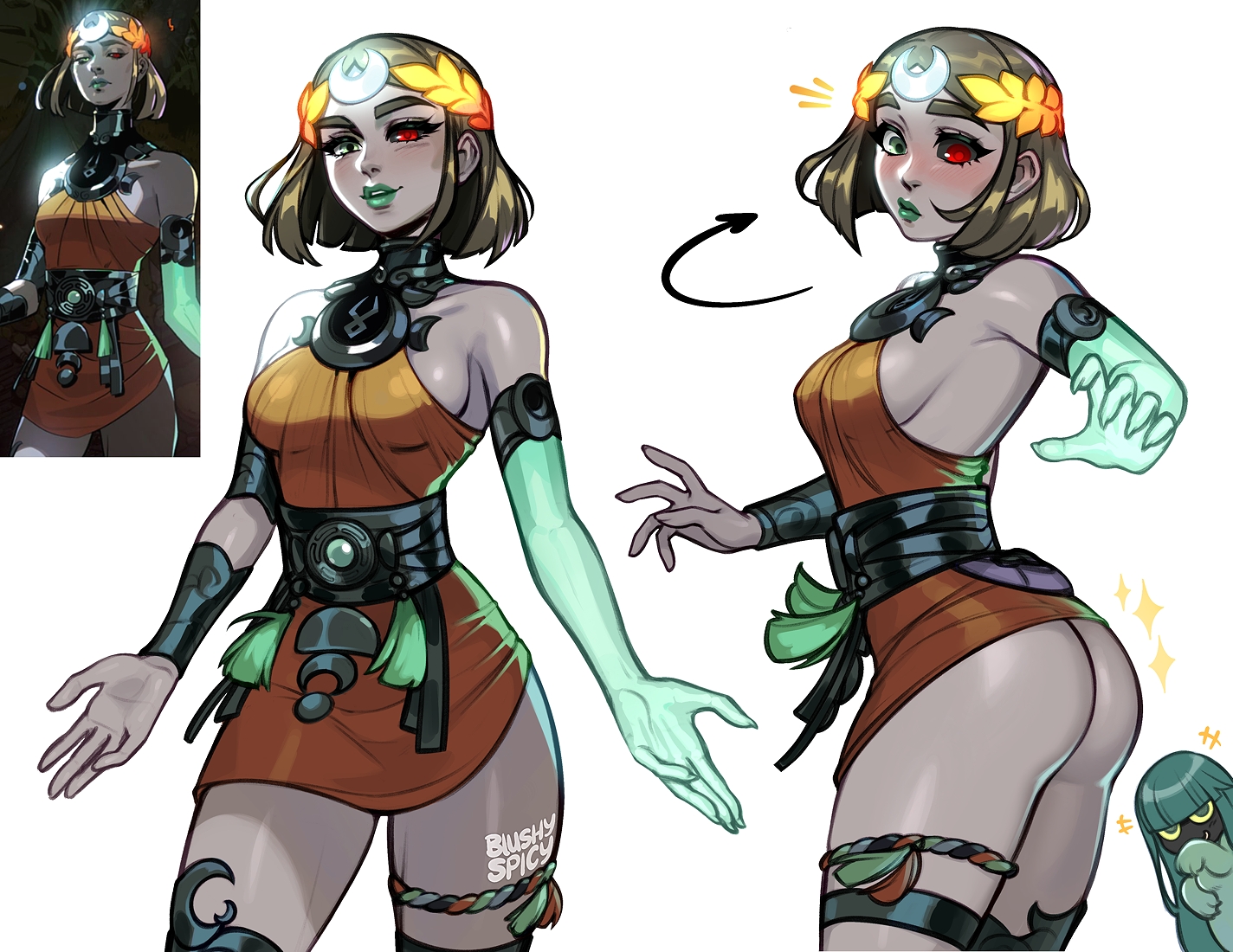 blushyspicy, dora (hades), melinoe (hades), hades (series), hades 2, commentary, english commentary, 2girls, ancient greek clothes, aqua skin, artist name, ass, asymmetrical arms, black sclera, blonde hair, bob cut, bone, breasts, colored sclera, colored skin, embarrassed, glowing arm, greco-roman clothes, green eyes, green lips, heterochromia, laurel crown, long hair, medium breasts, mismatched sclera, multiple girls, official art inset, reference inset, see-through body, short hair, simple background, skeletal arm, smile, surprised, wardrobe malfunction