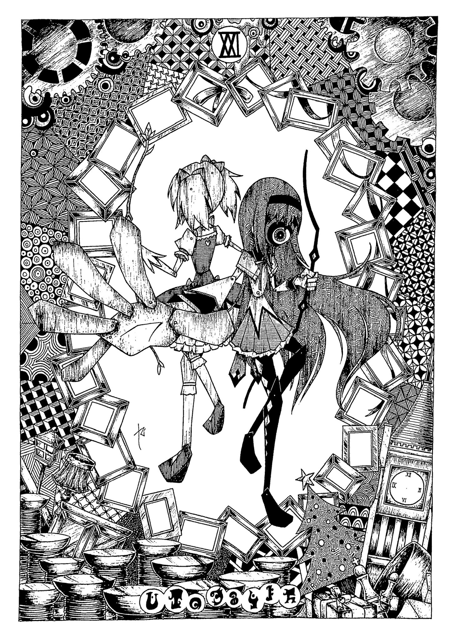 rigel0310, akemi homura, akemi homura (magical girl), kaname madoka, kaname madoka (magical girl), mahou shoujo madoka magica, highres, 2girls, abstract, abstract background, argyle clothes, argyle footwear, argyle pantyhose, black hair, black pantyhose, bow, bow (weapon), bubble skirt, card, chess piece, clock, clock tower, collared capelet, floating hair, full body, gears, gloves, greyscale, hair bow, hair ribbon, hairband, holding, kneehighs, lamp, long hair, long sleeves, madoka runes, magical girl, monochrome, multiple girls, pantyhose, patterned, pleated skirt, puffy short sleeves, puffy sleeves, ribbon, short sleeves, short twintails, skirt, socks, surreal, tarot, tarot card, the world (tarot), thread, tower, twintails, weapon
