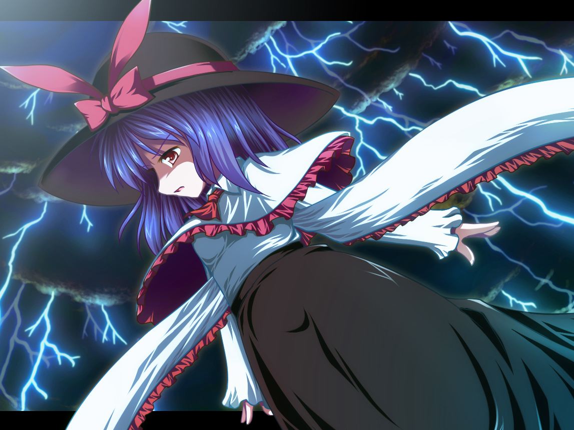 dagu, nagae iku, touhou, bad id, bad pixiv id, 1girl, cloud, female focus, hat, lightning, outdoors, purple hair, ribbon, short hair, sky, solo, standing