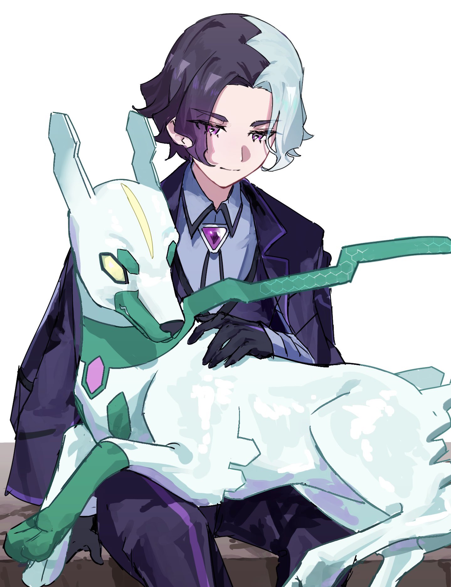 copituji, amethio (pokemon), zygarde, nintendo, pokemon, pokemon (anime), pokemon horizons, commentary request, highres, 1boy, alternate color, black gloves, black jacket, black pants, black vest, bright pupils, closed mouth, collared shirt, gen 6 pokemon, gloves, grey shirt, jacket, legendary pokemon, long sleeves, looking down, male focus, multicolored hair, on lap, pants, pokemon (creature), pokemon on lap, purple eyes, shiny pokemon, shirt, short hair, sitting, smile, vest, white background, white pupils, zygarde (10)