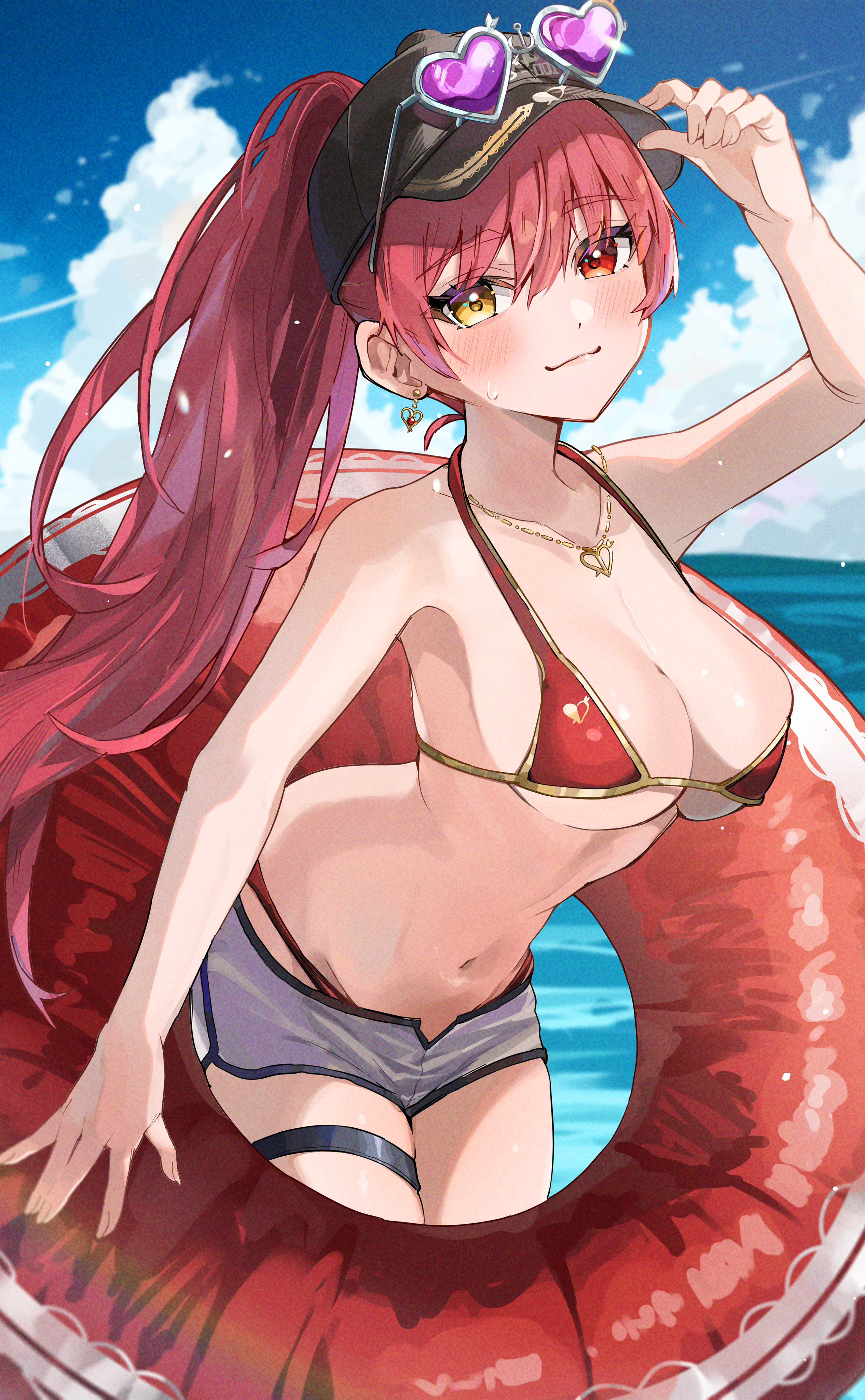 haru yu, houshou marine, houshou marine (summer), hololive, absurdres, commentary request, highres, 1girl, adjusting eyewear, baseball cap, bikini, bikini under clothes, bikini under shorts, black hat, blue sky, breasts, cleavage, closed mouth, cloud, day, earrings, eyewear on headwear, halterneck, hat, heart, heart-shaped eyewear, heart earrings, heart necklace, heterochromia, highleg, highleg bikini, holding, holding swim ring, innertube, jewelry, large breasts, long hair, looking at viewer, necklace, ocean, official alternate costume, official alternate hairstyle, outdoors, red bikini, red eyes, red hair, short shorts, shorts, sky, smile, solo, stomach, sunglasses, swim ring, swimsuit, thigh strap, virtual youtuber, wading, white shorts, yellow eyes