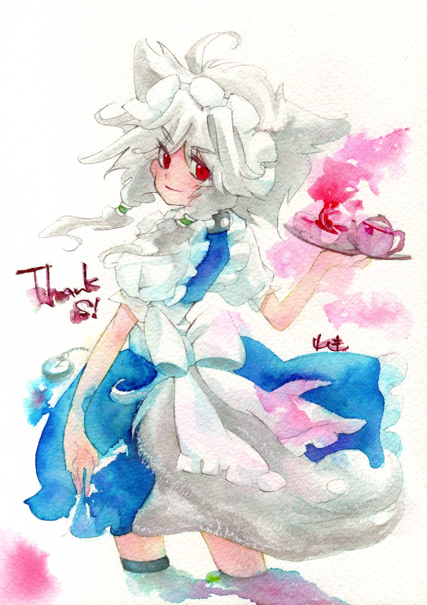 koyomiuta, inu sakuya (nejikirio), izayoi sakuya, touhou, bad id, bad pixiv id, highres, 1girl, ahoge, animal ears, braid, dog ears, dog tail, female focus, kemonomimi mode, maid, red eyes, short hair, solo, tail, twin braids, white hair