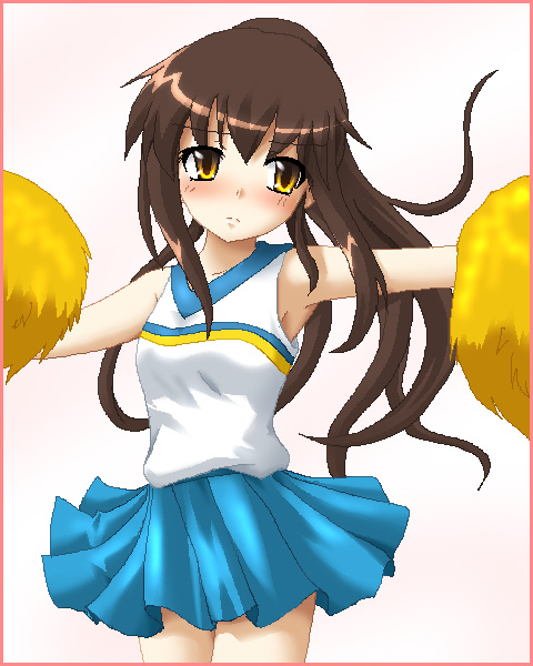 hayashiya zankurou, kyonko, suzumiya haruhi no yuuutsu, 00s, 1girl, brown hair, cheerleader, female focus, genderswap, genderswap (mtf), oekaki, pom pom (cheerleading), ponytail, solo