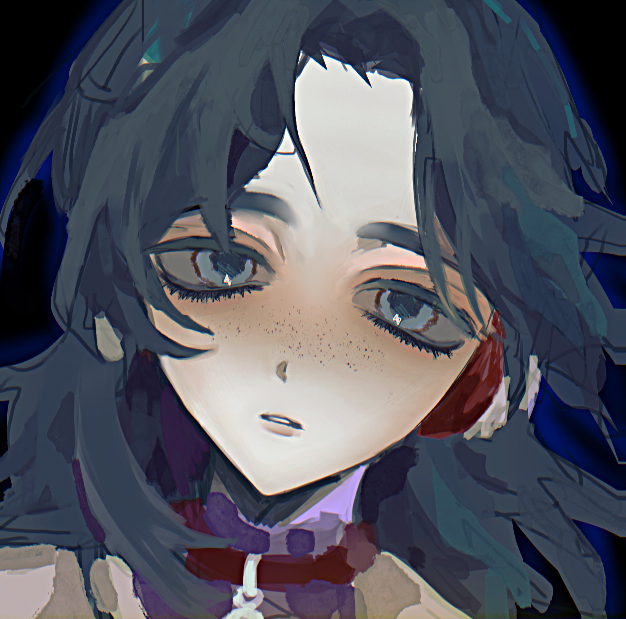 gachiakuta, highres, 1girl, black background, blue eyes, blue hair, choker, freckles, headphones, momoa rukel, muta6ta, parted bangs, parted lips, portrait, red choker, simple background, solo