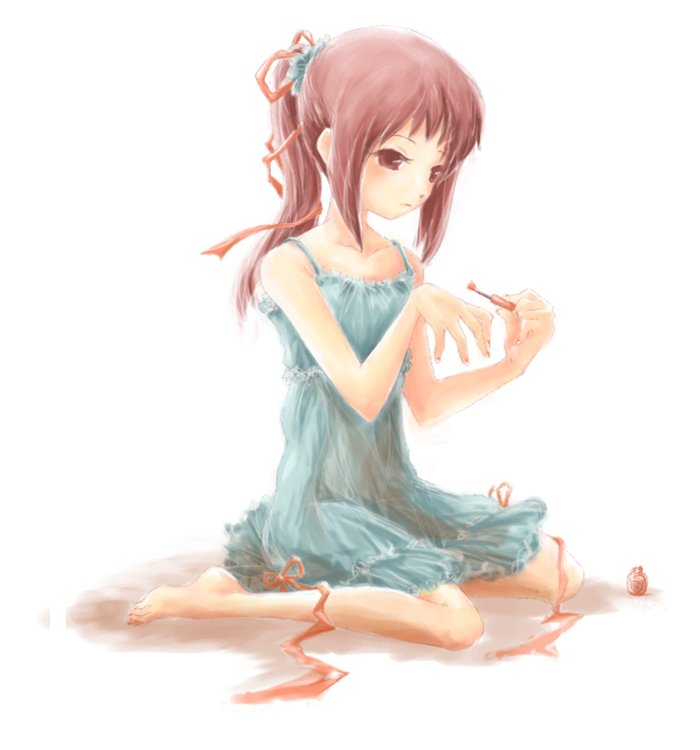 hachimitsu, hachimitsu (rjrjr), kyonko, suzumiya haruhi no yuuutsu, bad id, bad pixiv id, 00s, 1girl, barefoot, bow, brown eyes, brown hair, cosmetics, dress, female focus, genderswap, genderswap (mtf), long hair, nail polish, nail polish bottle, ponytail, ribbon, sitting, solo, sundress
