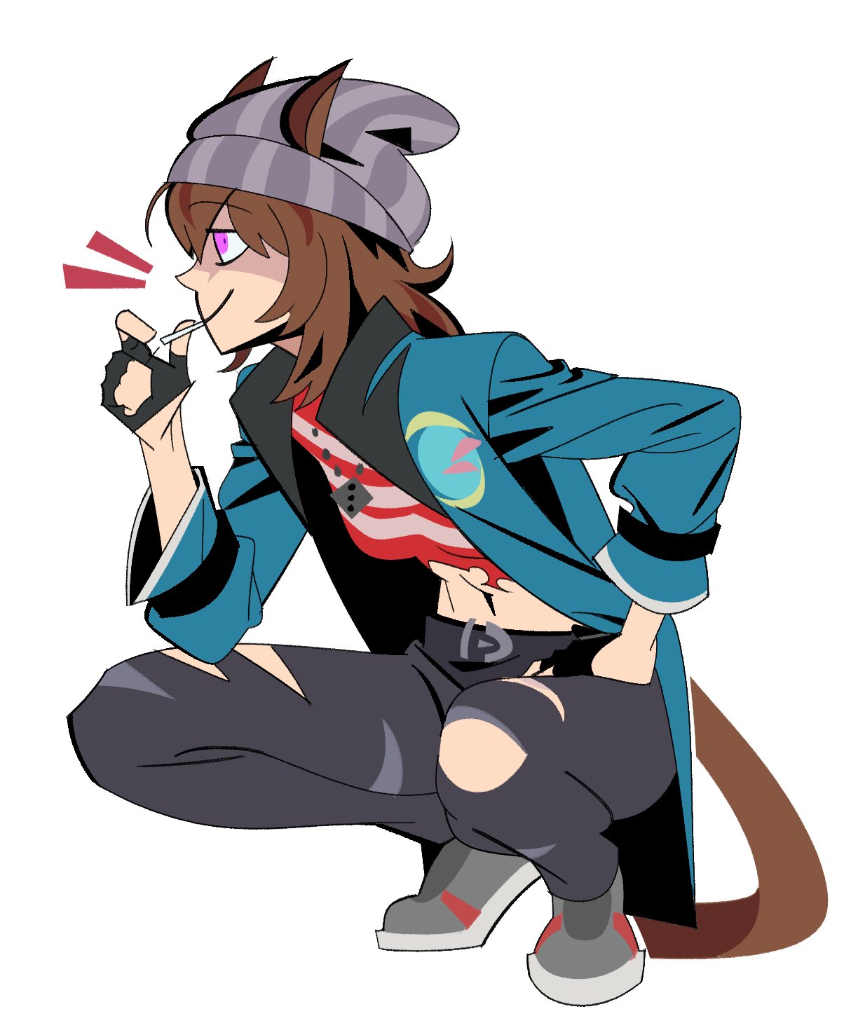 20years, nakayama festa (umamusume), cygames, umamusume, highres, 1girl, animal ears, beanie, belt, candy, dice, dice necklace, ears through headwear, food, grey hat, hat, horse ears, horse girl, horse tail, jewelry, lollipop, midriff, necklace, pants, purple eyes, smile, striped hat, tail, torn clothes, torn pants, white background