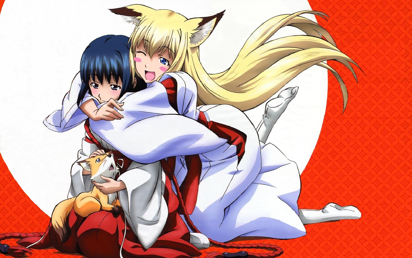 kou (wagaya), kou (wagaya no oinari-sama), tenko kuugen, wagaya no oinari-sama, 00s, 2girls, animal ears, blonde hair, blue eyes, blue hair, blush, fox, fox ears, hakama, hakama skirt, hug, japanese clothes, long hair, miko, multiple girls, one eye closed, red hakama, skirt, socks, tabi, wink