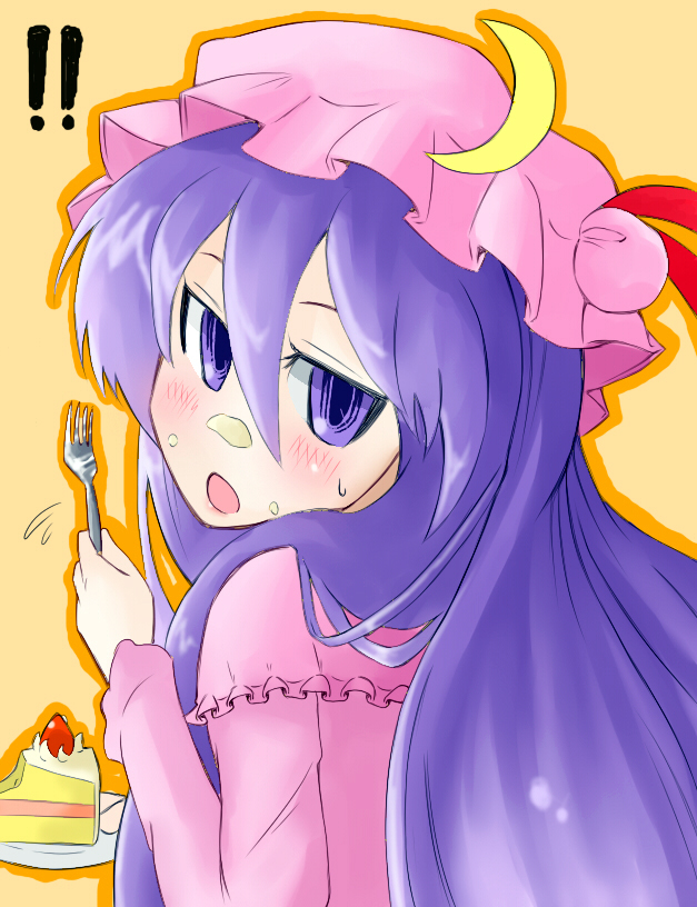 daitai konna kanji, patchouli knowledge, touhou, bad id, bad pixiv id, 1girl, cream, eating, female focus, food, food on face, fork, hat, holding, holding fork, long hair, purple hair, ribbon, solo, sweets