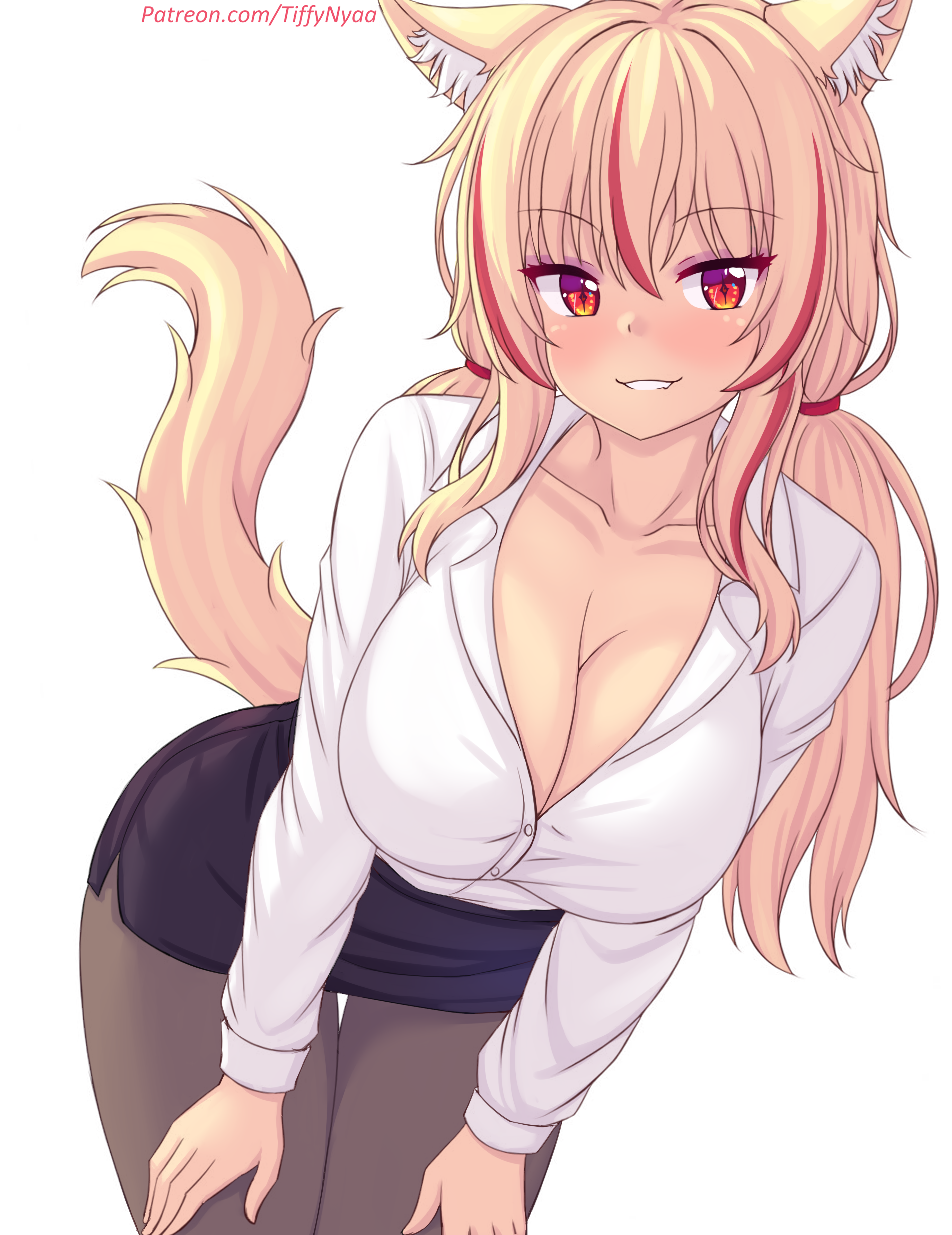 nottytiffy, tiffy (nottytiffy), original, absurdres, highres, 1girl, animal ear fluff, animal ears, bent over, black pantyhose, blonde hair, breasts, cat ears, cat girl, cat tail, cleavage, collarbone, large breasts, long hair, looking at viewer, multicolored hair, office lady, pantyhose, pencil skirt, red eyes, red hair, shirt, skirt, slit pupils, solo, streaked hair, tail, twintails, two-tone hair, white background, white shirt