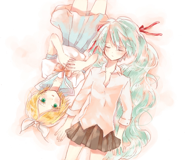 yoshioka mitsuko, hatsune miku, kagamine rin, vocaloid, bad id, bad pixiv id, 2girls, blonde hair, closed eyes, green eyes, green hair, long hair, multiple girls, very long hair