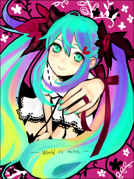 tan (tangent), ted (artist), hatsune miku, vocaloid, world is mine (vocaloid), bad id, bad pixiv id, 1girl, female focus, green eyes, green hair, long hair, matching hair/eyes, solo, thighhighs, twintails, very long hair