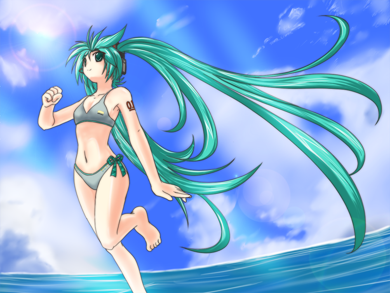yuuki korona, hatsune miku, vocaloid, bikini, day, green eyes, green hair, long hair, solo, swimsuit, twintails, very long hair