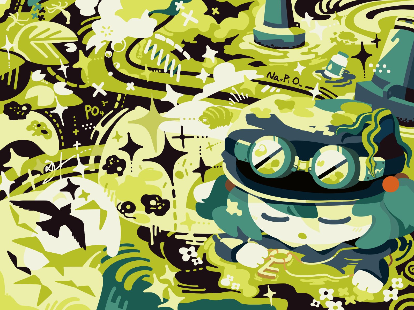 kelp, thatpebble, kawashiro nitori, touhou, highres, 1girl, bird, blue hat, bottle, closed eyes, goggles, goggles on headwear, hair bobbles, hair ornament, hat, in water, key, lily pad, newsboy cap, silhouette, snail, solo, sparkle, water