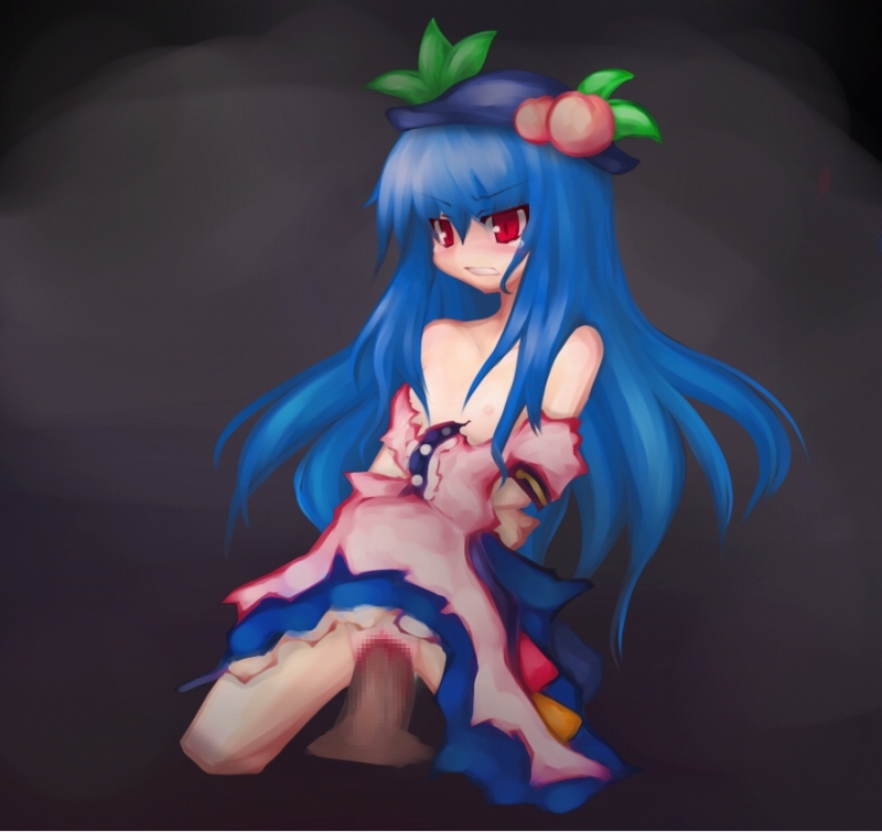 hinanawi tenshi, touhou, bad id, bad pixiv id, 1boy, 1girl, blood, blue hair, censored, defloration, flat chest, food, fruit, hat, hetero, long hair, mosaic censoring, peach, penis, pussy, red eyes, sex, torn clothes, vaginal