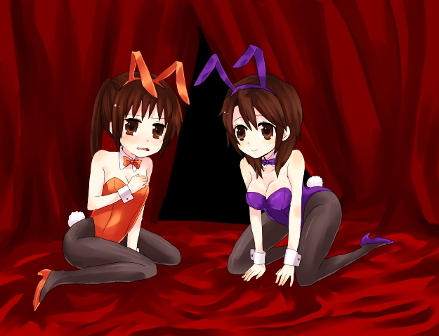 miwa, miwa (artist), koizumi itsuki, koizumi itsuki (female), kyonko, suzumiya haruhi no yuuutsu, 00s, 2girls, all fours, animal ears, bad anatomy, bow, bowtie, brown eyes, brown hair, curtains, fake animal ears, genderswap, genderswap (mtf), kneeling, leotard, multiple girls, pantyhose, playboy bunny, ponytail, poorly drawn, rabbit ears, rabbit tail, tail, wrist cuffs