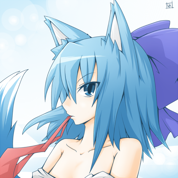 reku, rex (artist), cirno, spice and wolf, touhou, bad id, bad pixiv id, 1girl, animal ears, blue hair, female focus, gradient background, kemonomimi mode, parody, ribbon, short hair, solo, tail, upper body, white background, wolf ears, wolf tail