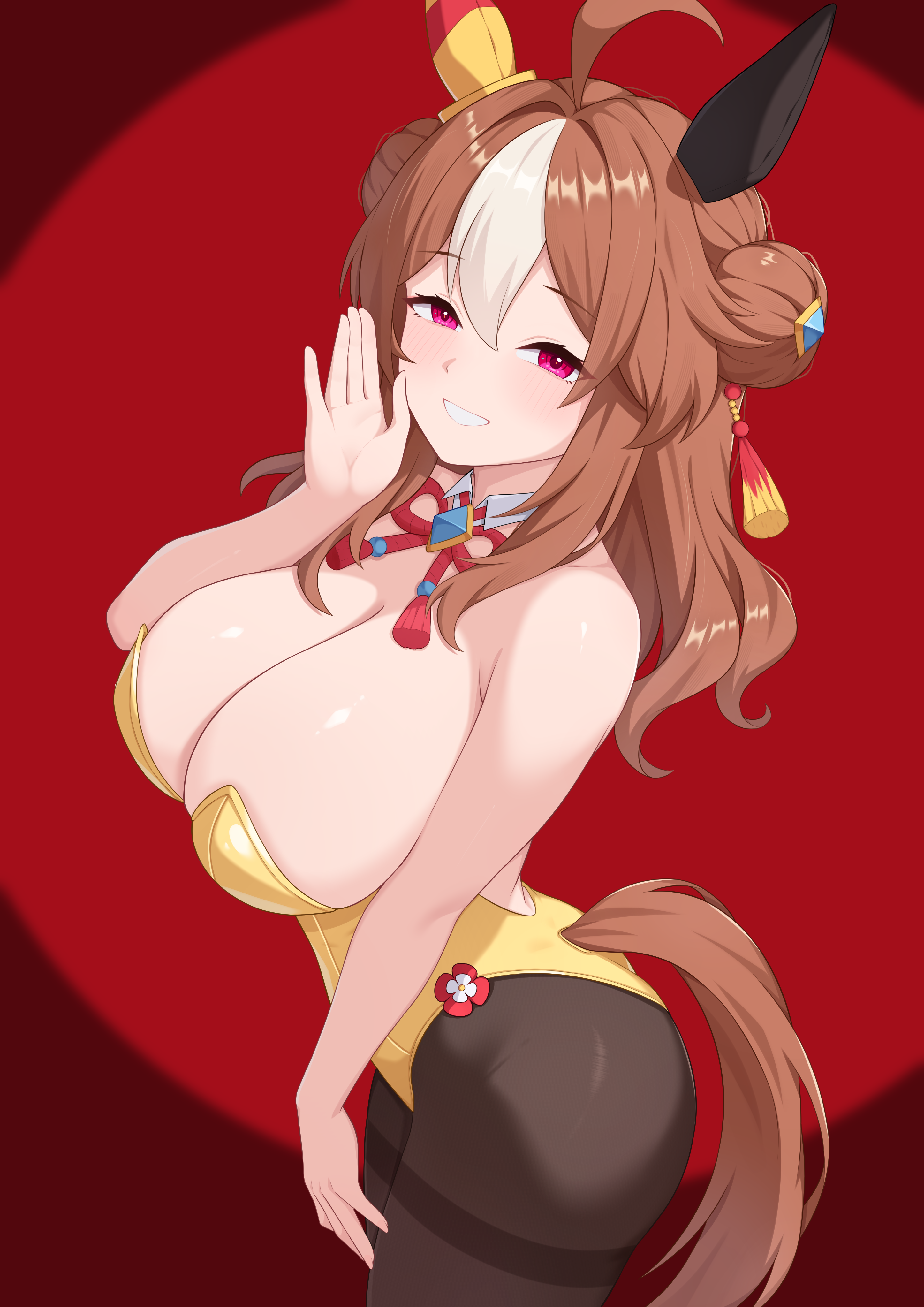 tsubame tien, copano rickey (umamusume), umamusume, absurdres, commentary request, highres, 1girl, ahoge, alternate costume, animal ears, bare arms, black pantyhose, blush, breasts, brown hair, cleavage, clothing cutout, detached collar, double bun, ear covers, from side, hair between eyes, hair bun, hair ornament, horse ears, horse girl, horse tail, large breasts, leotard, long hair, looking at viewer, mismatched animal ear colors, nontraditional playboy bunny, pantyhose, purple eyes, rope, shimenawa, smile, solo, spotlight, strapless, strapless leotard, tail, tail through clothes, tassel, tassel hair ornament, white streaks, yellow leotard