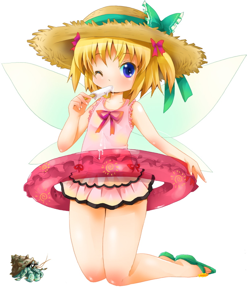 michii yuuki, sunny milk, eastern and little nature deity, touhou, touhou sangetsusei, bad id, bad pixiv id, 1girl, blonde hair, female focus, food, full body, hat, ice cream, innertube, one-piece swimsuit, popsicle, ribbon, short hair, simple background, solo, swim ring, swimsuit
