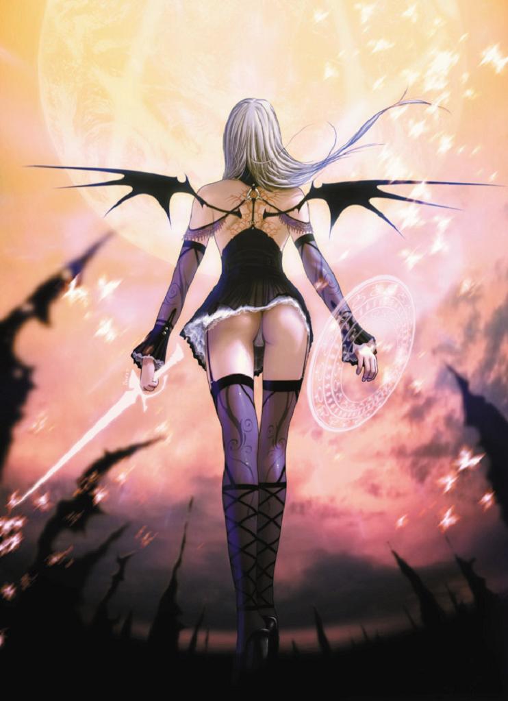 ass, high heels, moon, panties, shield, shoes, standing, sword, thighhighs, underwear, upskirt, weapon, wings