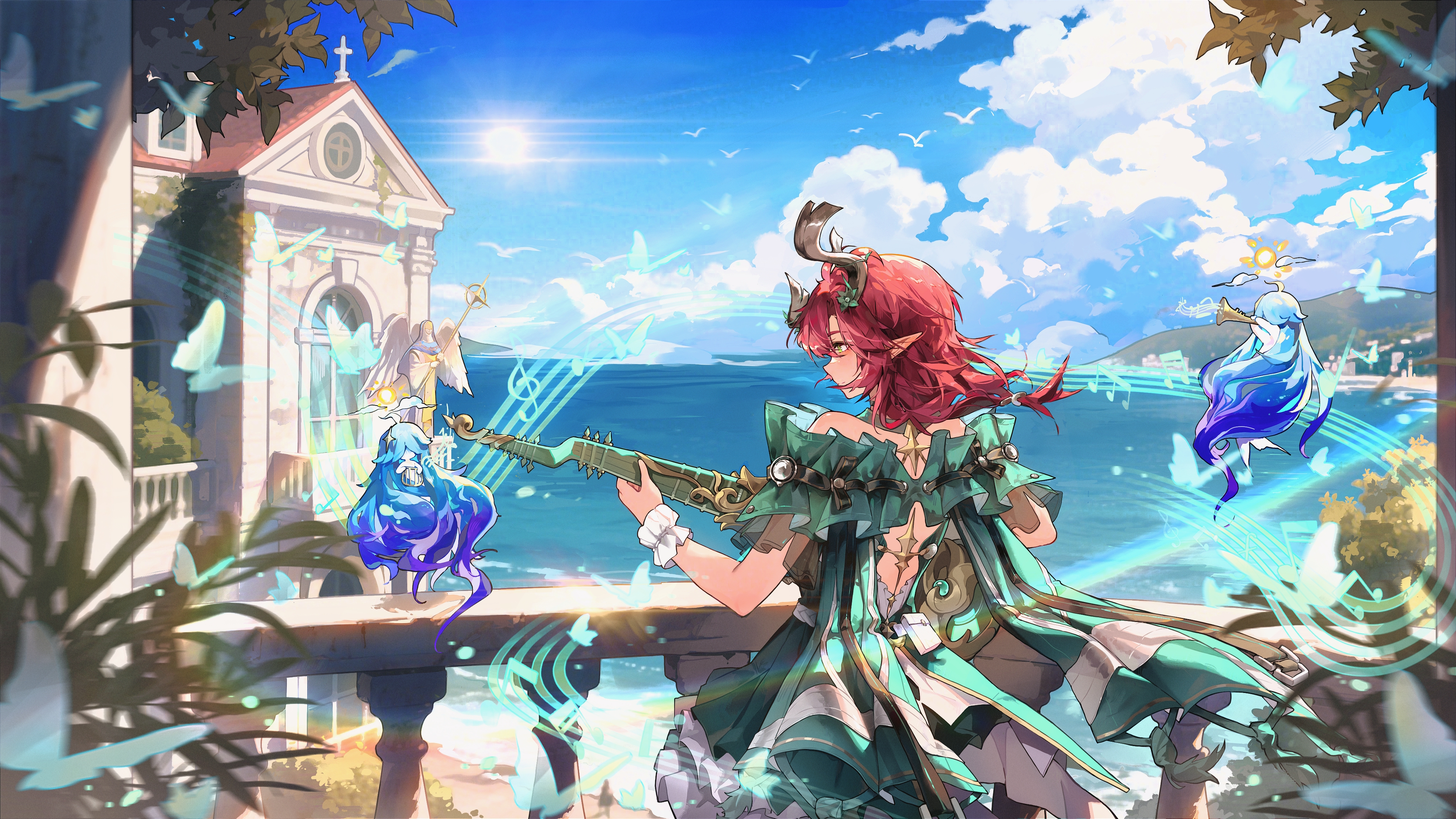 chenmuo, ciaccona (wuthering waves), wuthering waves, absurdres, character request, check character, chinese commentary, commentary, highres, 1girl, acoustic guitar, angel statue, back cutout, bare arms, bare shoulders, beach, blurry, blurry foreground, clothing cutout, cloud, diffraction spikes, dress, european architecture, floating clothes, floating hair, flower, frilled wrist cuffs, frills, green dress, green eyes, green flower, guitar, hair flower, hair ornament, harp, holding, holding instrument, horns, instrument, leaf, long hair, looking to the side, low-tied long hair, mountain, mountainous horizon, music, musical note, musical staff, ocean, petticoat, playing instrument, pleated skirt, pointy ears, profile, red hair, shoulder blades, simple bird, skirt, smile, solo, sun, tacet discord (wuthering waves), tan, trumpet, waves, wrist cuffs