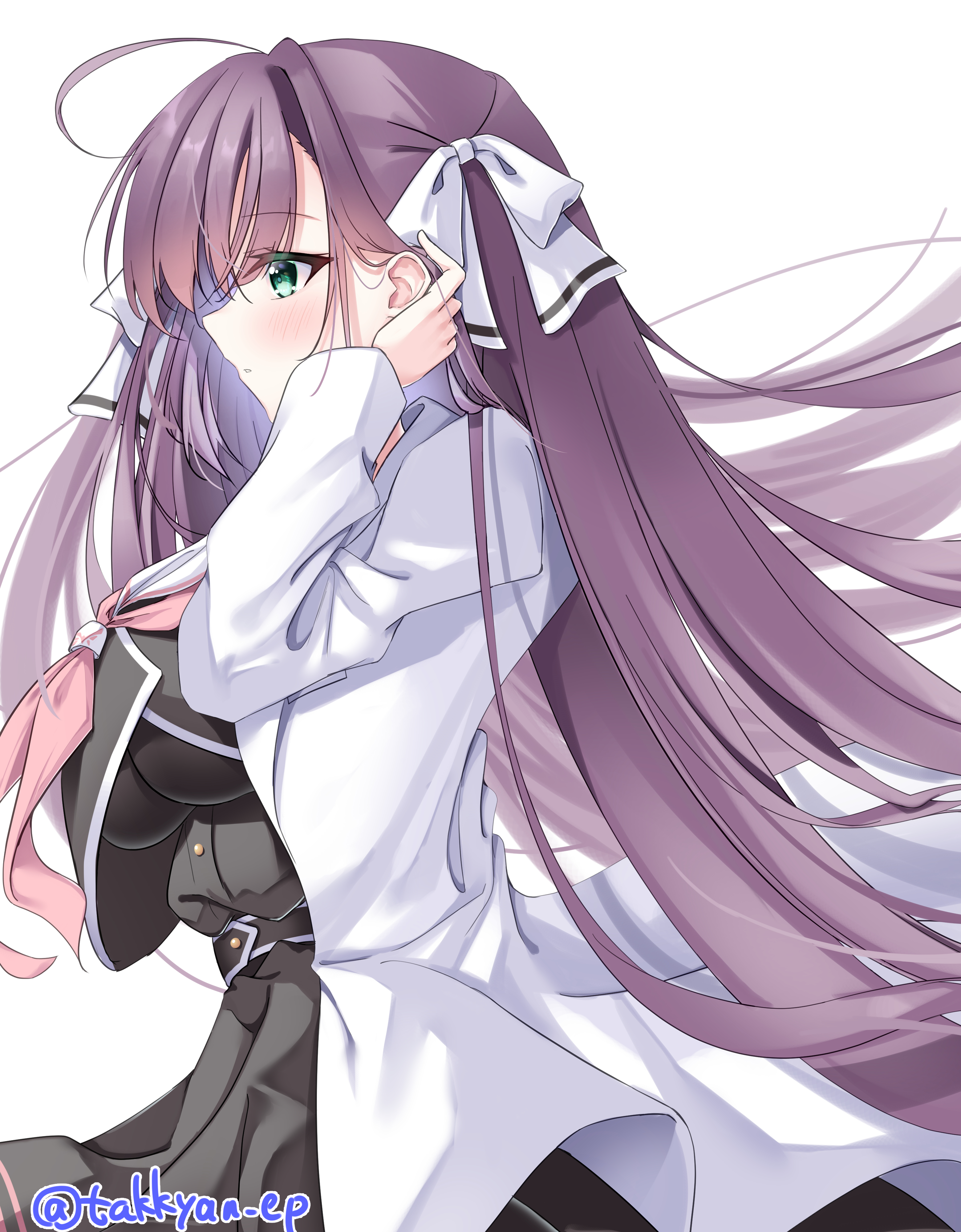 takkyan, tsumugi sara, trinoline, absurdres, commentary request, highres, 1girl, adjusting hair, ahoge, belt, black belt, black shirt, black skirt, blush, bow, breasts, coat, colored eyelashes, cowboy shot, floating hair, from side, green eyes, hair behind ear, hair between eyes, hair bow, hair intakes, hand up, impossible clothes, lab coat, large breasts, long hair, long sleeves, neckerchief, open clothes, open coat, parted lips, pink neckerchief, profile, purple hair, sailor collar, school uniform, serafuku, shirt, simple background, skirt, solo, straight hair, tsurime, twitter username, very long hair, white background, white bow, white sailor collar