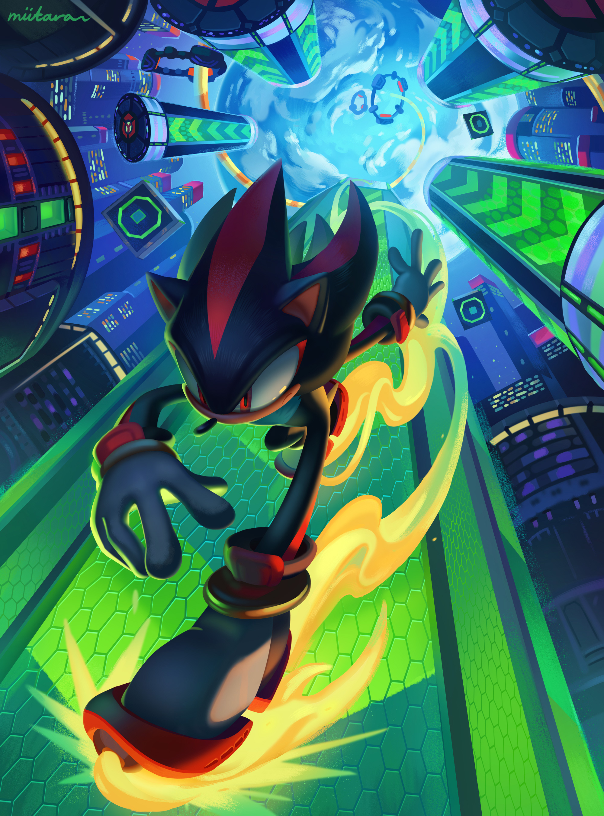 miitara, shadow the hedgehog, sonic (series), absurdres, highres, 1boy, animal ears, animal nose, black fur, bracelet, dynamic pose, from below, gloves, gold bracelet, jewelry, perspective, red eyes, red fur, two-tone fur, white gloves