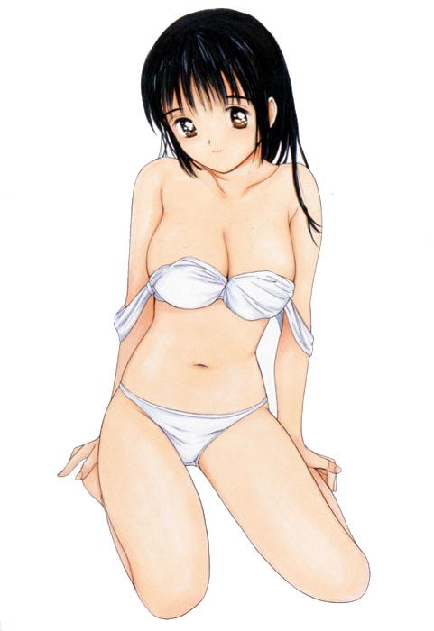tanaka yutaka, shoya virgin night, 1girl, bare shoulders, barefoot, black hair, bra, breasts, brown eyes, cleavage, female focus, kneeling, large breasts, lingerie, navel, panties, sitting, smile, solo, strap slip, underwear, underwear only, undressing, white panties