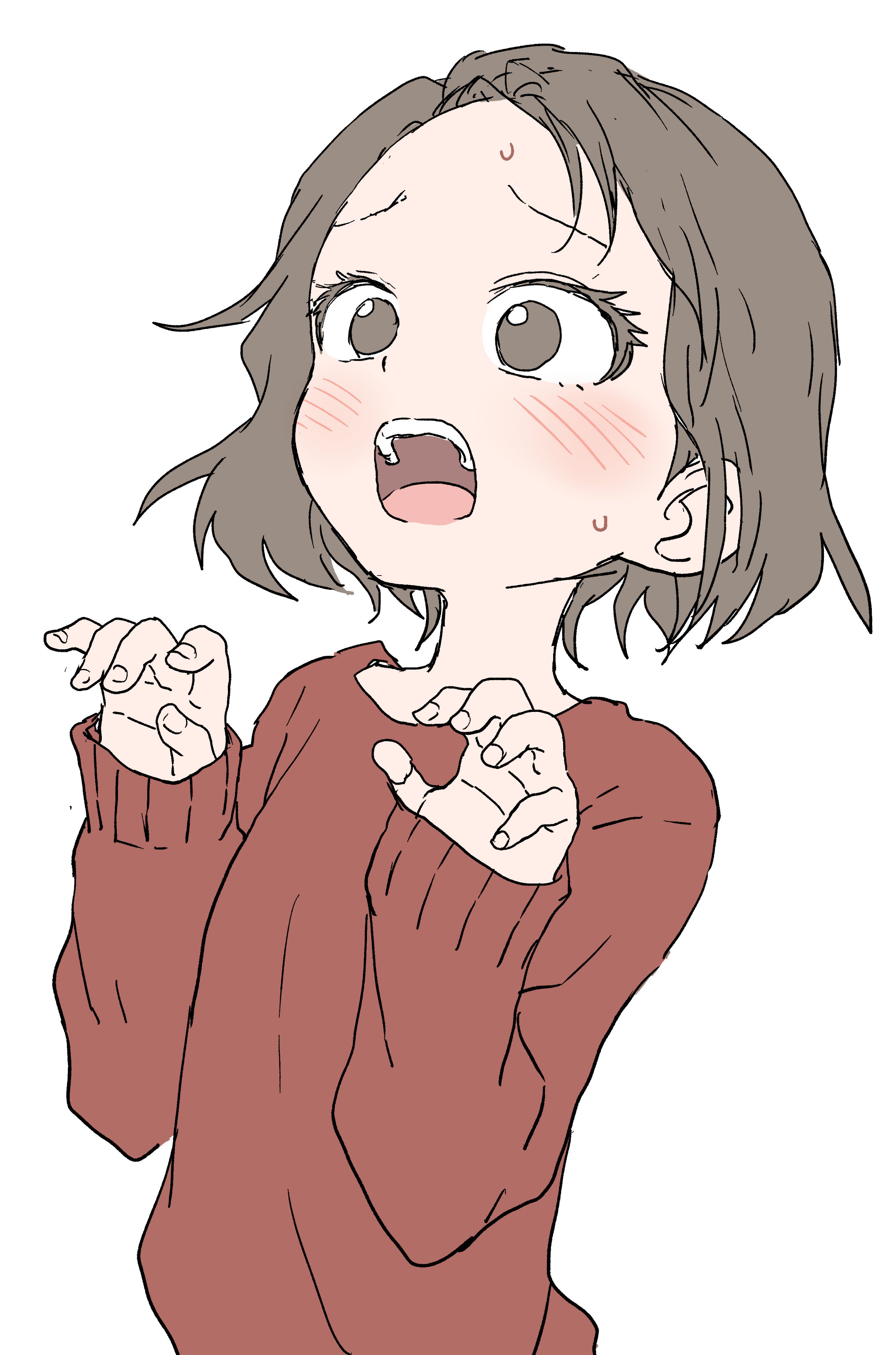yamamoto souichirou, original, absurdres, highres, 1girl, blush, brown eyes, brown hair, colored eyelashes, embarrassed, forehead, hands up, open mouth, raised inner eyebrows, red sweater, short hair, sleeves past wrists, solo, sweat, sweater, teeth, upper body, upper teeth only, white background