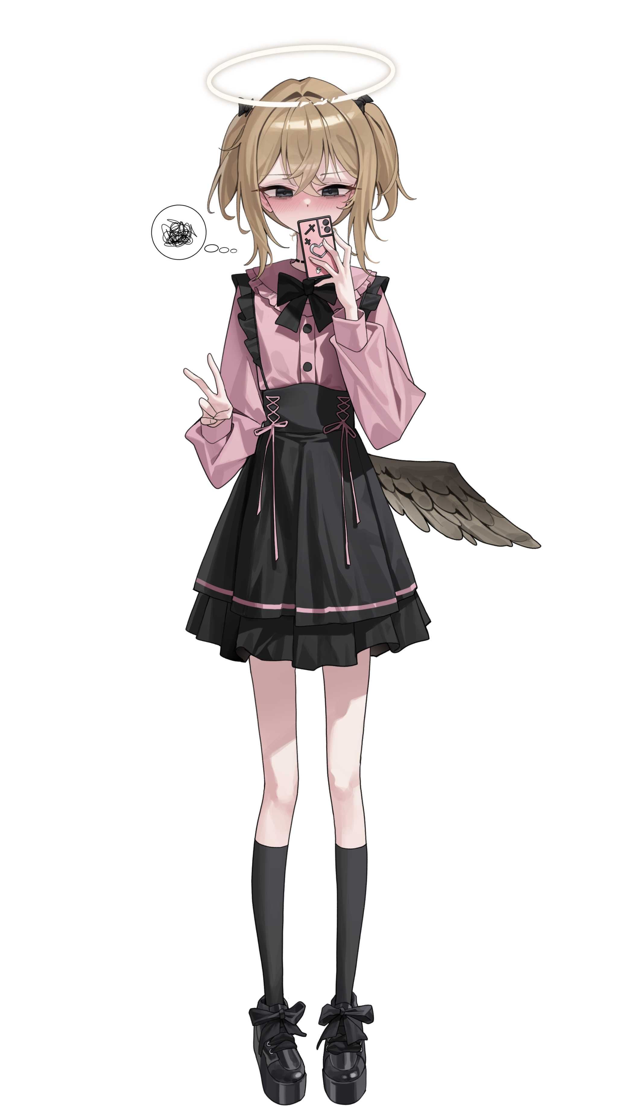 mansu (user pnmp4287), original, absurdres, highres, 1girl, ashal (mansu), bags under eyes, black eyes, blonde hair, broken halo, cut-here line, fallen angel, full body, hair between eyes, halo, holding, holding phone, low wings, medium hair, neck tattoo, phone, single wing, solo, tattoo, traditional halo, two side up, v, white background, wings