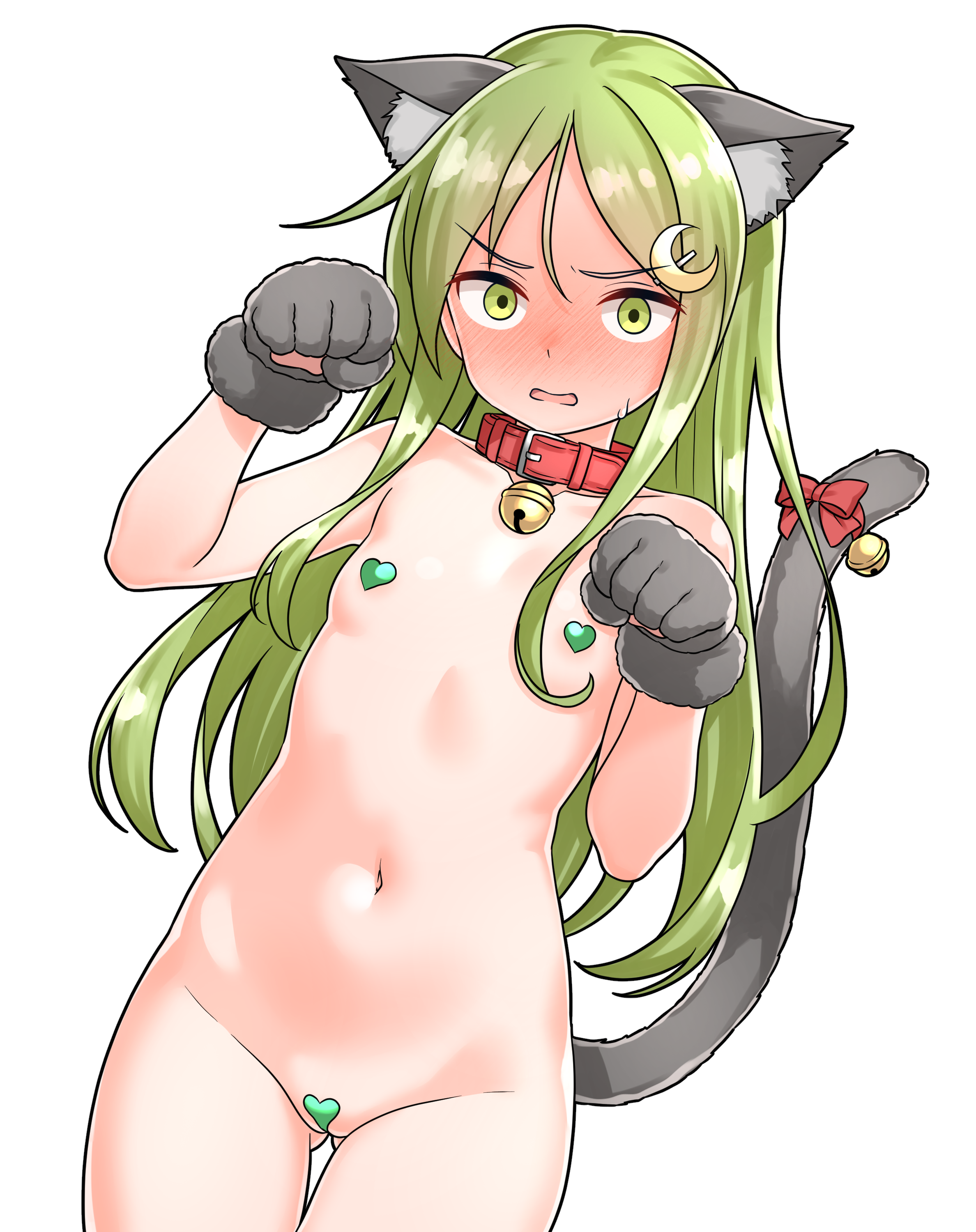 furaggu (frag 0416), nagatsuki (kancolle), kantai collection, absurdres, highres, variant set, 1girl, animal ears, animal hands, bikini, black bikini, blush, bow, cat cutout, cat ears, clothing cutout, collar, embarrassed, fake animal ears, fake tail, frilled bikini, frills, full-face blush, gloves, gluteal fold, green eyes, green hair, hair between eyes, heart maebari, heart pasties, long hair, maebari, navel, nude, pasties, paw gloves, paw pose, red bow, red collar, solo, standing, stomach, swimsuit, tail, tail bow, tail ornament